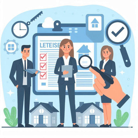 Real estate agency concept vector illustration. Cartoon flat business people characters. Man and woman looking for house, buying or selling real estate.のイラスト素材