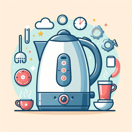 Kitchen appliances. Electric kettle and cup of coffee. Vector illustration.のイラスト素材