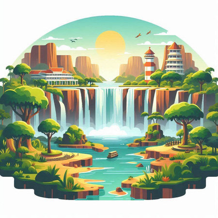 Landscape of waterfalls in the flat style. Vector illustration.のイラスト素材