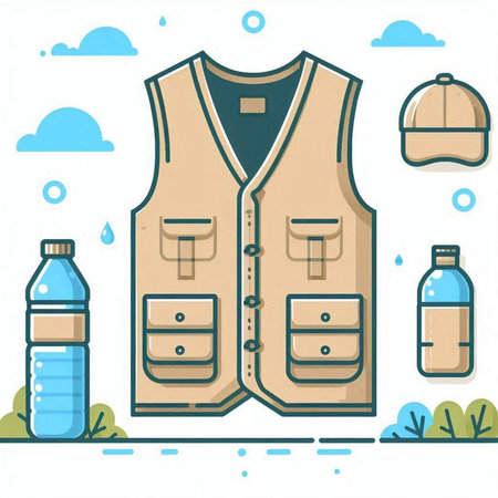 Vector illustration of a flat design of a vest and water bottles.のイラスト素材