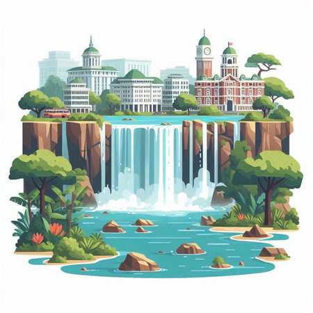 Waterfall in the city. Waterfall on the river. Vector illustrationのイラスト素材