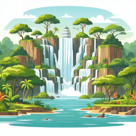 Waterfall in the jungle. Waterfall on the river. Vector illustrationのイラスト素材