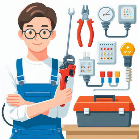 Plumber in uniform with toolbox. Vector illustration in cartoon styleのイラスト素材