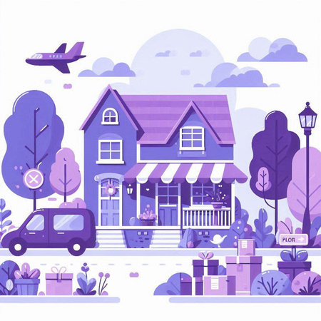 Vector illustration of a small town with houses, trees, flowers, cars and flowers.のイラスト素材