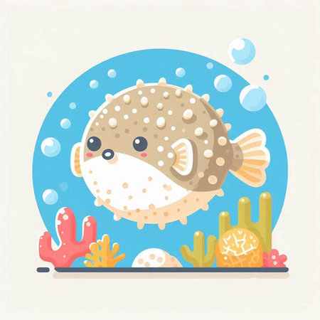 Cute cartoon pufferfish in the sea. Vector illustration.のイラスト素材