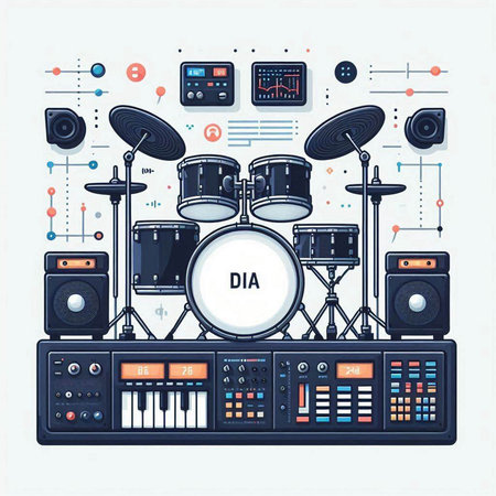 Flat design vector illustration concept of electronic music instruments. Drum kit, synthesizer, dj mixer, drum kit, drum kit.のイラスト素材