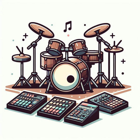 Drum set with musical instruments. Vector illustration in cartoon style.のイラスト素材