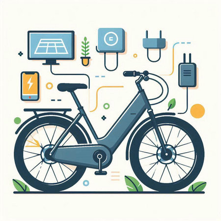 Modern flat design vector illustration concept of eco-friendly transport: bicycle, electric plug, solar panel, mobile phone, battery.のイラスト素材