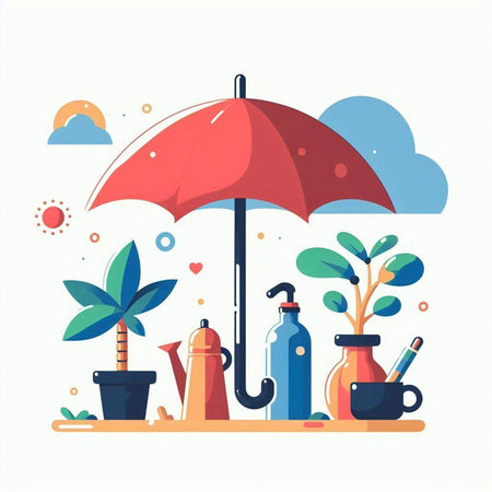 Colorful flat vector illustration of a beach umbrella, sun and plantsのイラスト素材