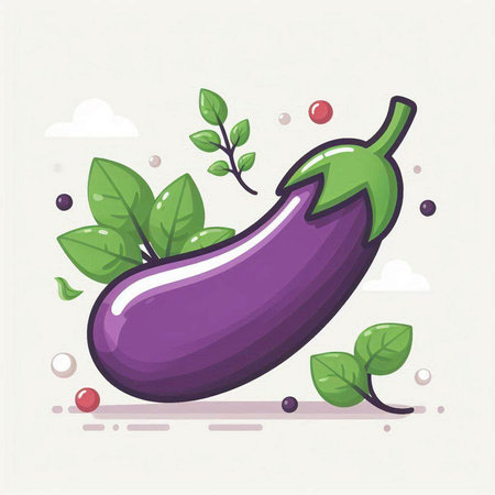 Eggplant with leaves and berries. Vector illustration in cartoon style.のイラスト素材