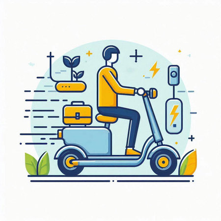 Vector illustration of a man on a scooter delivering food. Flat line style design.のイラスト素材
