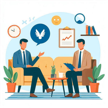 Psychotherapy and psychotherapy concept. Psychologist talking to patient in office, flat vector illustrationのイラスト素材