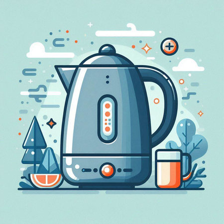 Vector illustration of a modern electric kettle. Flat line art style design.のイラスト素材