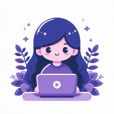 Cute little girl using laptop. Vector illustration in cartoon style.のイラスト素材