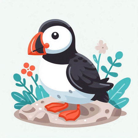Puffin on the rock. Cute cartoon vector illustration.のイラスト素材