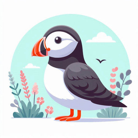 Puffin on a background of flowers and sky. Vector illustrationのイラスト素材