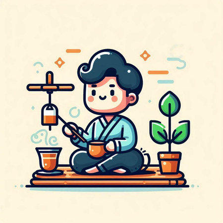 Cute cartoon boy sitting on the floor and reading a book. Vector illustration.のイラスト素材