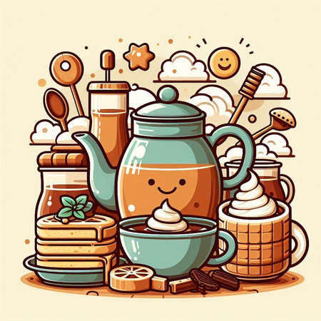 Cute vector illustration of coffee cup, teapot, cookies and honey.のイラスト素材
