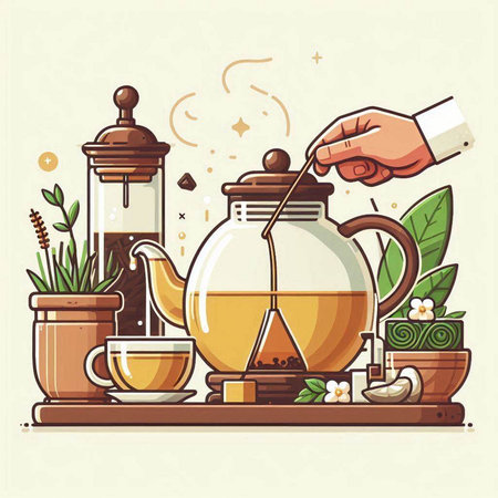 Vector illustration of hand pouring tea in a glass teapot.のイラスト素材