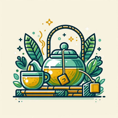 Vector illustration of teapot and teacup with tea bag.のイラスト素材