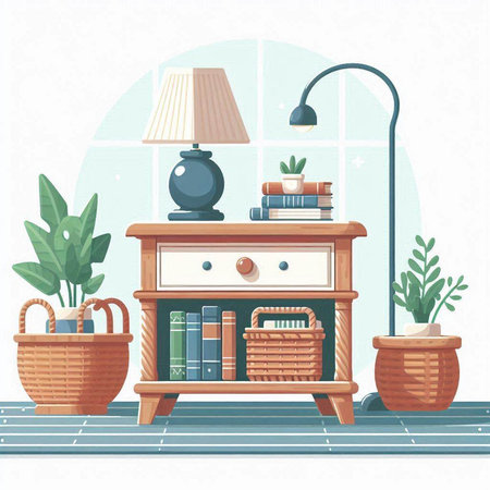Illustration of a cozy living room with bookshelf, lamp and plantsのイラスト素材
