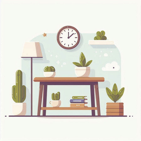 Interior of cozy room with furniture and plants. Vector illustration.のイラスト素材