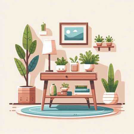 Living room interior with furniture and plants. Flat style vector illustration.のイラスト素材