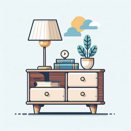 Cabinet with books and lamps. Flat style vector illustration.のイラスト素材