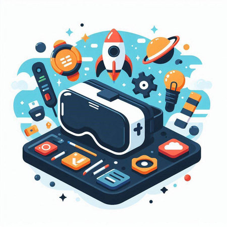 Virtual reality technology concept. Vector illustration in flat style. Isometric virtual reality technology.のイラスト素材