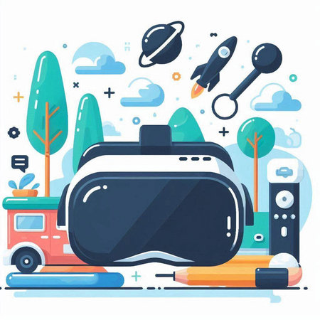 Vector illustration of virtual reality concept. VR glasses, rocket, gamepad, gamepad, video game and other objects.のイラスト素材