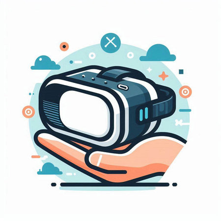 Virtual reality headset in hand. Modern flat line style vector illustration.のイラスト素材