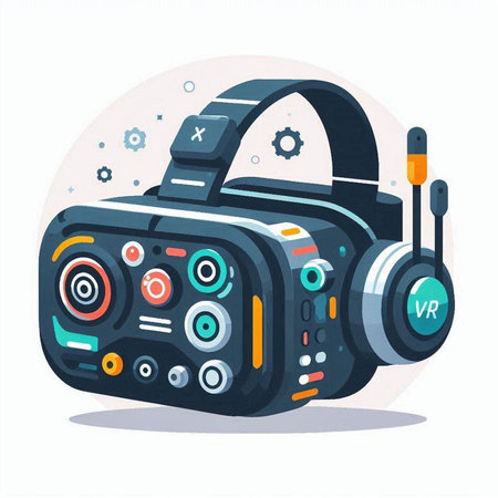 Vector illustration of a virtual reality headset with headphones. Flat style.のイラスト素材