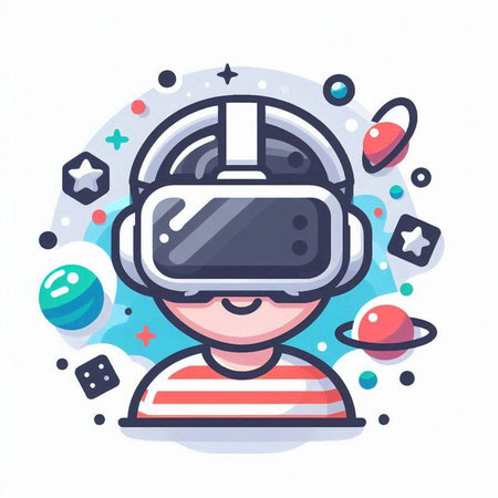 Boy in virtual reality glasses. Vector illustration in a flat style.のイラスト素材