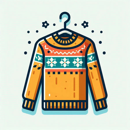 Vector illustration of knitted sweater with embroidery and snowflakesのイラスト素材