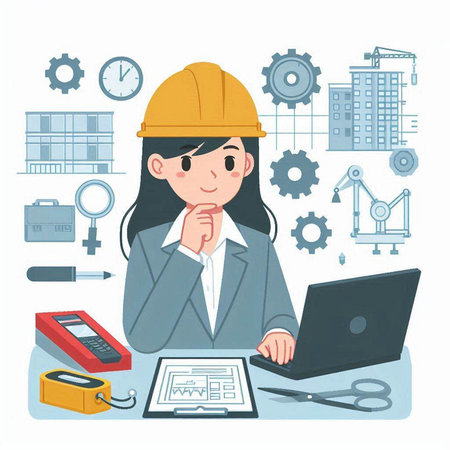 Engineer woman working on the project with laptop. Vector illustration.のイラスト素材
