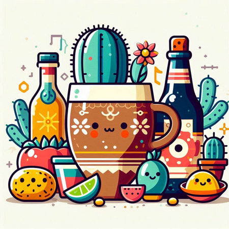 Cute cartoon vector illustration with cute cactus and mexican drinks.のイラスト素材