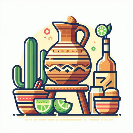 Mexican vase, tequila bottle, cactus, tequila. Vector illustration.のイラスト素材
