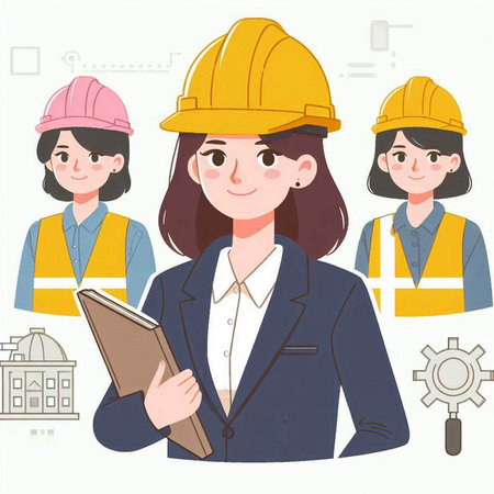 Vector illustration of a female construction worker in a helmet holding a notebookのイラスト素材