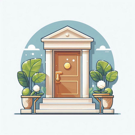Vector illustration of an entrance to the house with a door and flowers in potsのイラスト素材