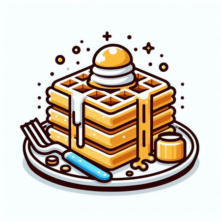 Belgian waffle with honey and ice cream. Vector illustration.のイラスト素材