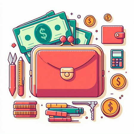 Suitcase and office supplies. Vector illustration in line art style.のイラスト素材