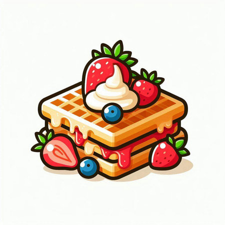 Belgian waffles with strawberries and whipped cream. Vector illustration.のイラスト素材