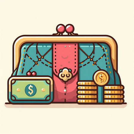 Retro purse with money. Vector illustration in a flat style.のイラスト素材
