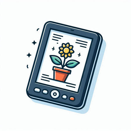 Smartphone with flower in pot on screen. Vector illustration in thin line style.のイラスト素材