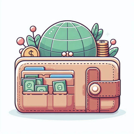 Wallet with money and world map. Vector illustration in cartoon style.のイラスト素材