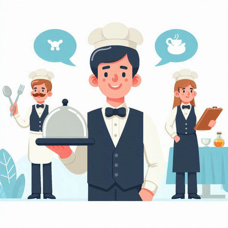 Waiter with a tray of food. Vector illustration in cartoon style.のイラスト素材
