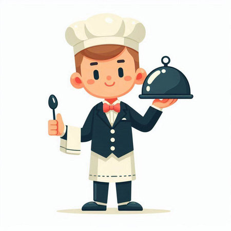 Cute cartoon chef holding a tray with food. Vector illustration.のイラスト素材