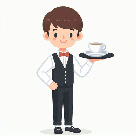 Illustration of a waiter holding a tray with a cup of coffeeのイラスト素材