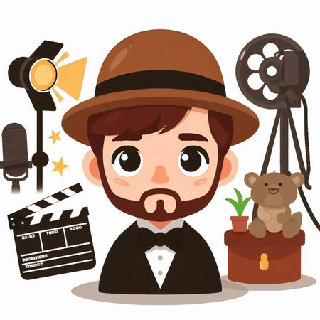 Cute cartoon man with a mustache in a hat and a bow tie. Vector illustration.のイラスト素材