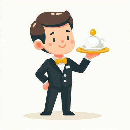 Waiter holding a tray and serving a dish. Vector illustration.のイラスト素材